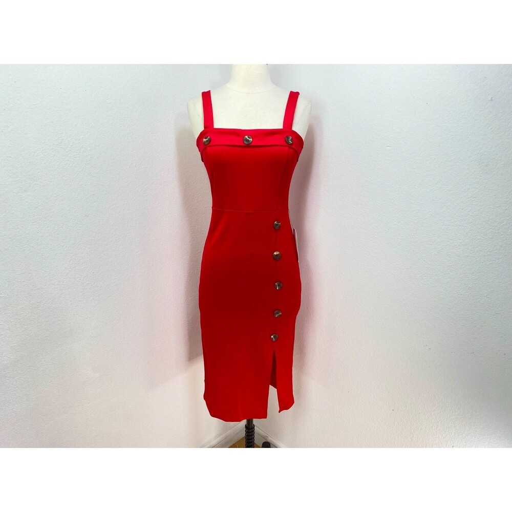 Stella Luce Red Bodycon Dress Med Stretch Sleeveless Buttons Slit Sexy Cocktail